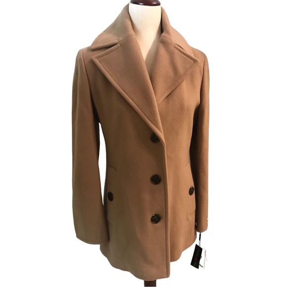 Calvin Klein Ladies Wool Cashmere Blend Classic Pea Coat XS Camel Pockets New - Picture 16 of 16